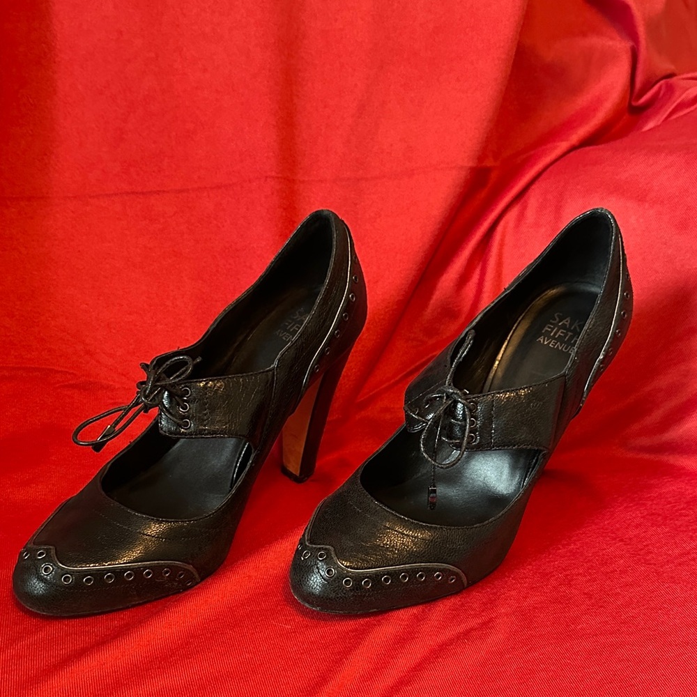 Saks Fifth Avenue Black Leather Lace-Up Mary Jane- Like Pumps Size 8